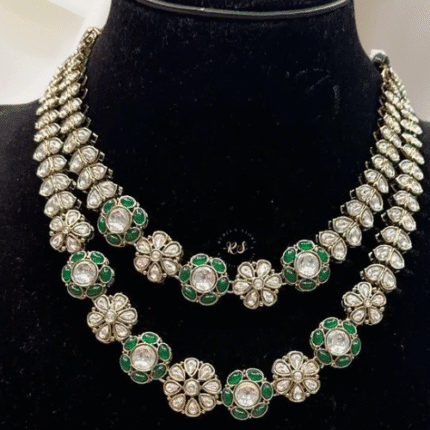Rubela Store's Kundan Double-Layer Set with Green Pearls & Coordinated Earrings