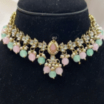 Rubela Store Two-Tone Kundan Set in Mint Green & Pink with Matching Earrings