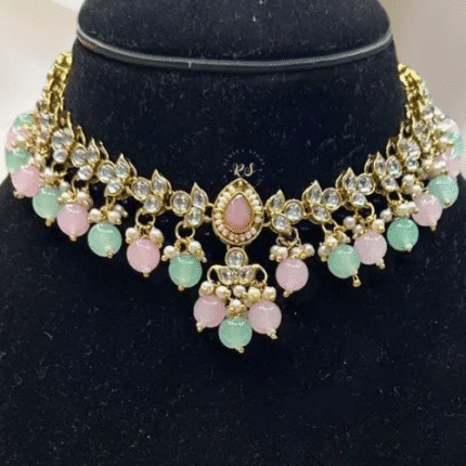 Rubela Store Two-Tone Kundan Set in Mint Green & Pink with Matching Earrings