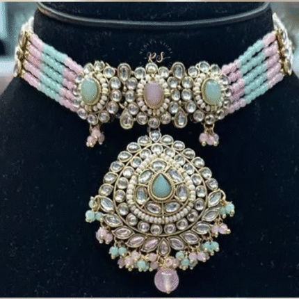Rubela Store Signature Kundan Set with Light Pink & Mint Green Monalisa Stones