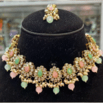 Signature Kundan Set with Pink & Green Monalisa Stones – Gold Polish & Matching Earrings- Rubela Store
