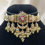 Gorgeous Rubela Store Ruby and Green Gold-Look Choker Set with White Pearl Mala