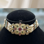 Rubela Store Ruby and Green Gold-Look Choker Set with White Pearl Mala