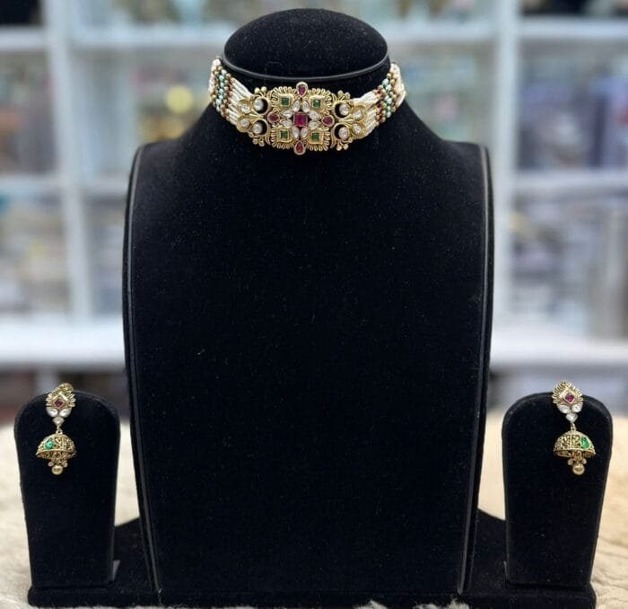 Ruby and Green Gold-Look Choker Set