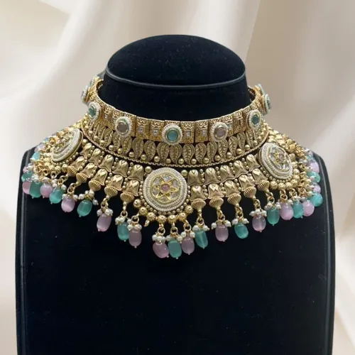 rubela store gold look jewellery best artificial jewellery (2) Rubela Store' s Heavy Mint and Pink Gold-Look Choker Set for Elegance - Image 1