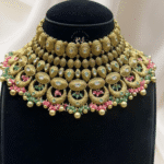 Rubela Store Premium Bridal Pink and Green Bridal Gold-Look Choker Set
