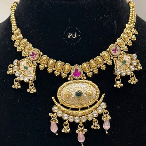 rubela store gold look jewellery best artificial jewellery (10) Real Look Golden Mina Kari Short Set – Elegant & Timeless - Image 1