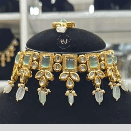 Untitled design (3) Rubela Golden Kundan Monalisa Mint Set – Shine with Royal Elegance - Image 1