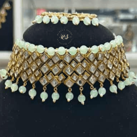 Untitled design (4) Rubela Golden Polki Mint Choker Set – Royal Shine, Modern Grace - Image 1