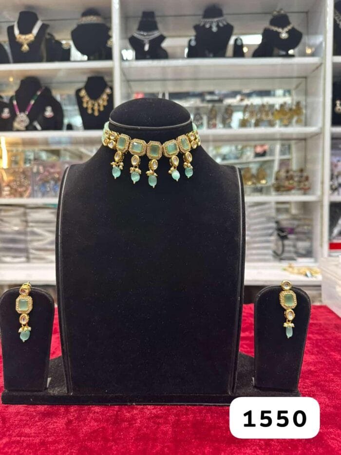 Rubela Golden Kundan Mint Choker Set – Royal Glow in Every Look - Image 2