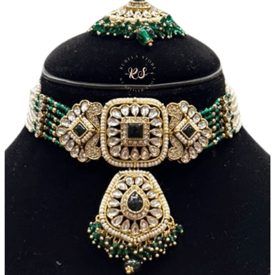 Untitled design (6) π Elegant Real Look Kundan Green Choker Set by Rubela Store - Image 1