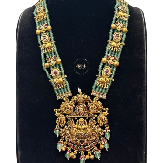 Untitled design (4) Real Look Green Moti Long Set Premium Bridal Style Jewellery - Image 1