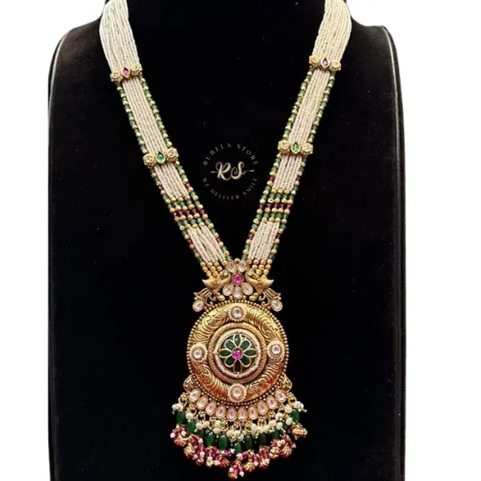 Real Look Green Moti Long Set Premium Bridal Jewellery - Image 1