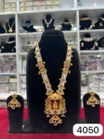 Real Look Ruby Green Moti Long Set Elegant Bridal Jewellery - Image 2