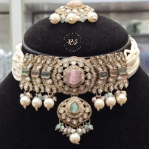 rubela store gold look jewellery best artificial jewellery (18) Real Look Mozonite Pink Mint Choker Set Elegant Royal Style - Image 1
